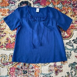 Lands' End Blue Tie Front Blouse with Bib Collar